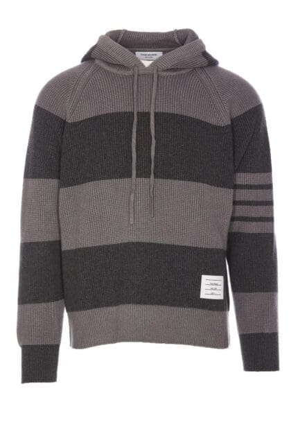 Thom Browne 4-Bar Striped Knitted Drawstring Hoodie