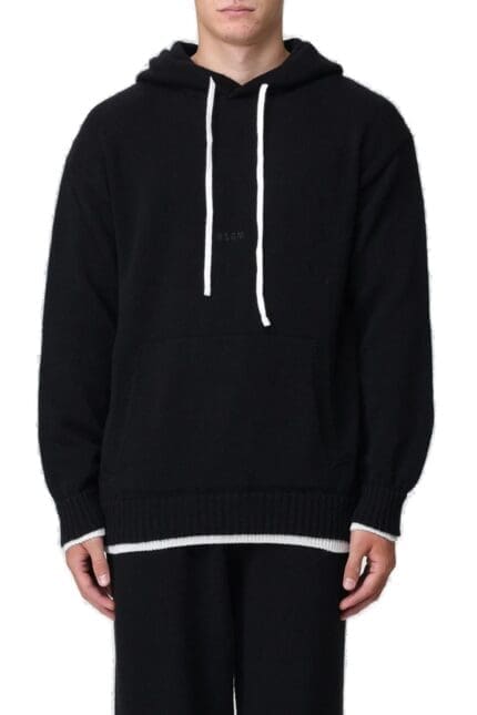 MSGM Logo Printed Drawstring Knit Hoodie