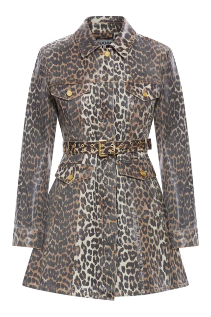 Ganni Leopard Printed Foil Denim Dress