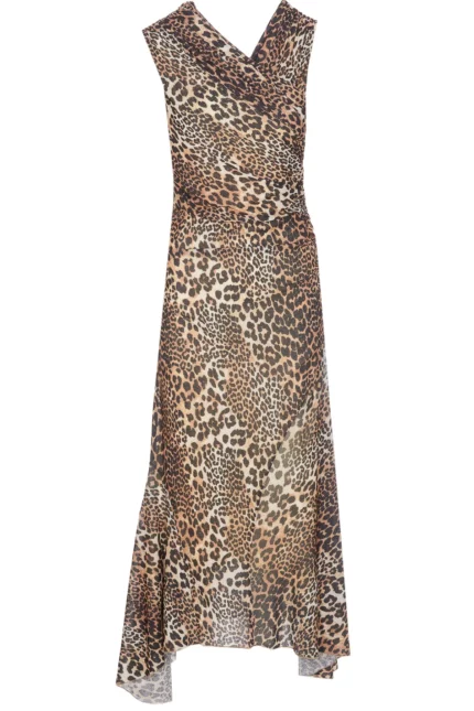 Ganni Leopard Ruched V-Neck Dress