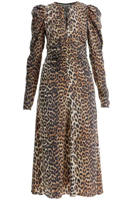 Ganni Leopard Print Satin Ruched Midi Dress