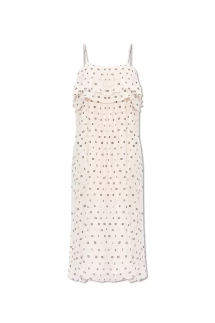 Ganni Monogram-Printed Pleated Ruffled Midi Dress