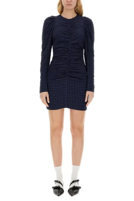 Ganni Gingham Printed Crewneck Seersucker Mini Dress