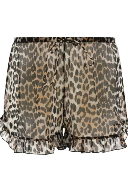Ganni Leopard Printed Chiffon Ruffle Shorts