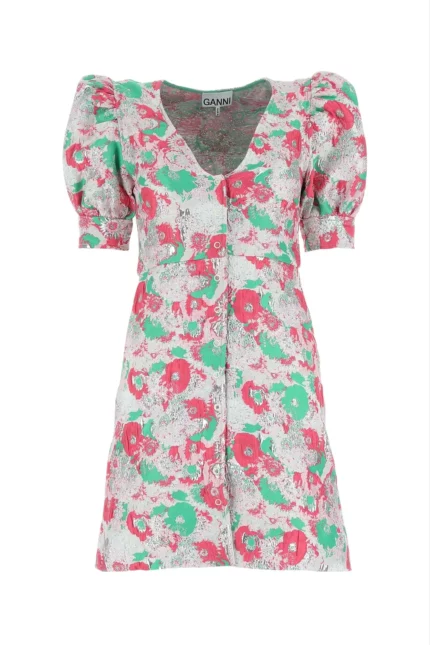 Ganni Floral Printed V-Neck Mini Dress