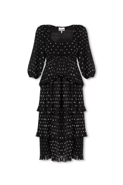 Ganni Logo Printed Puff Sleeved Midi Dress