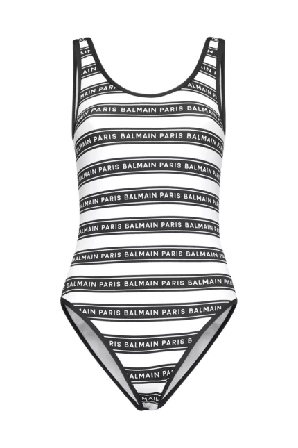 Balmain Logo Printed Horizontal Striped Swimsuit