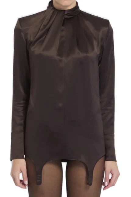 Saint Laurent Twist-Neck Garter Blouse