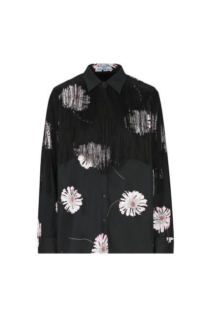 Prada Rose-Printed Long-Sleeved Fringed Shirt