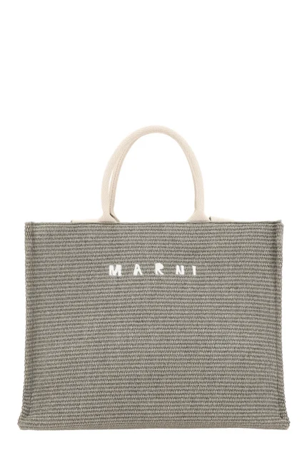 Marni Logo Embroidered Raffia Top Handle Tote Bag
