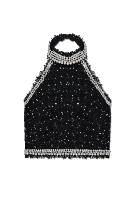 Balmain Embroidered Polka-Dot Tweed Halterneck Top