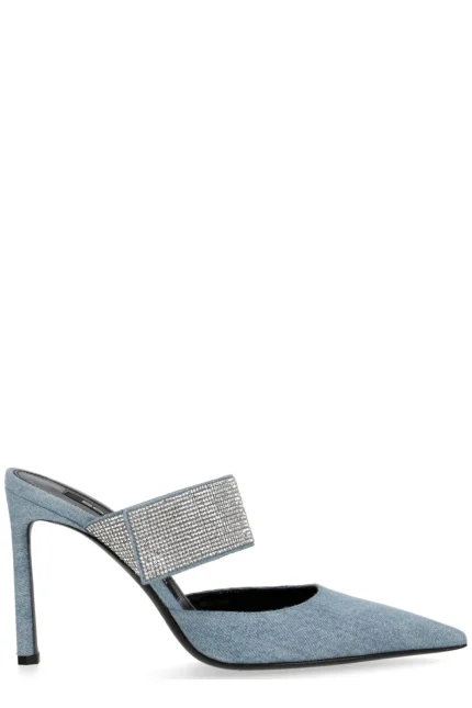 Sergio Rossi Pointed Toe Embellished Denim Pumps