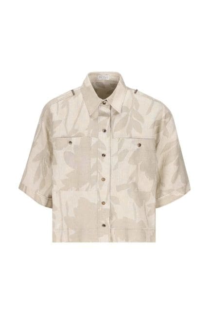 Brunello Cucinelli Leaf-Printed Short Sleeved Shirt