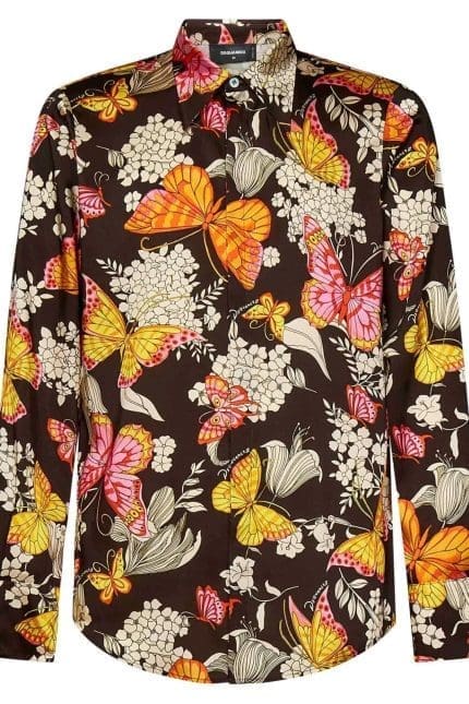 Dsquared2 Butterfly-Printed Curved Hem Satin Shirt