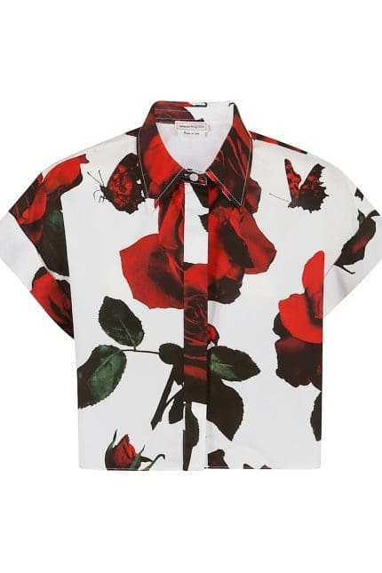 Alexander McQueen Rose-Printed Short Sleeved Cropped Shirt